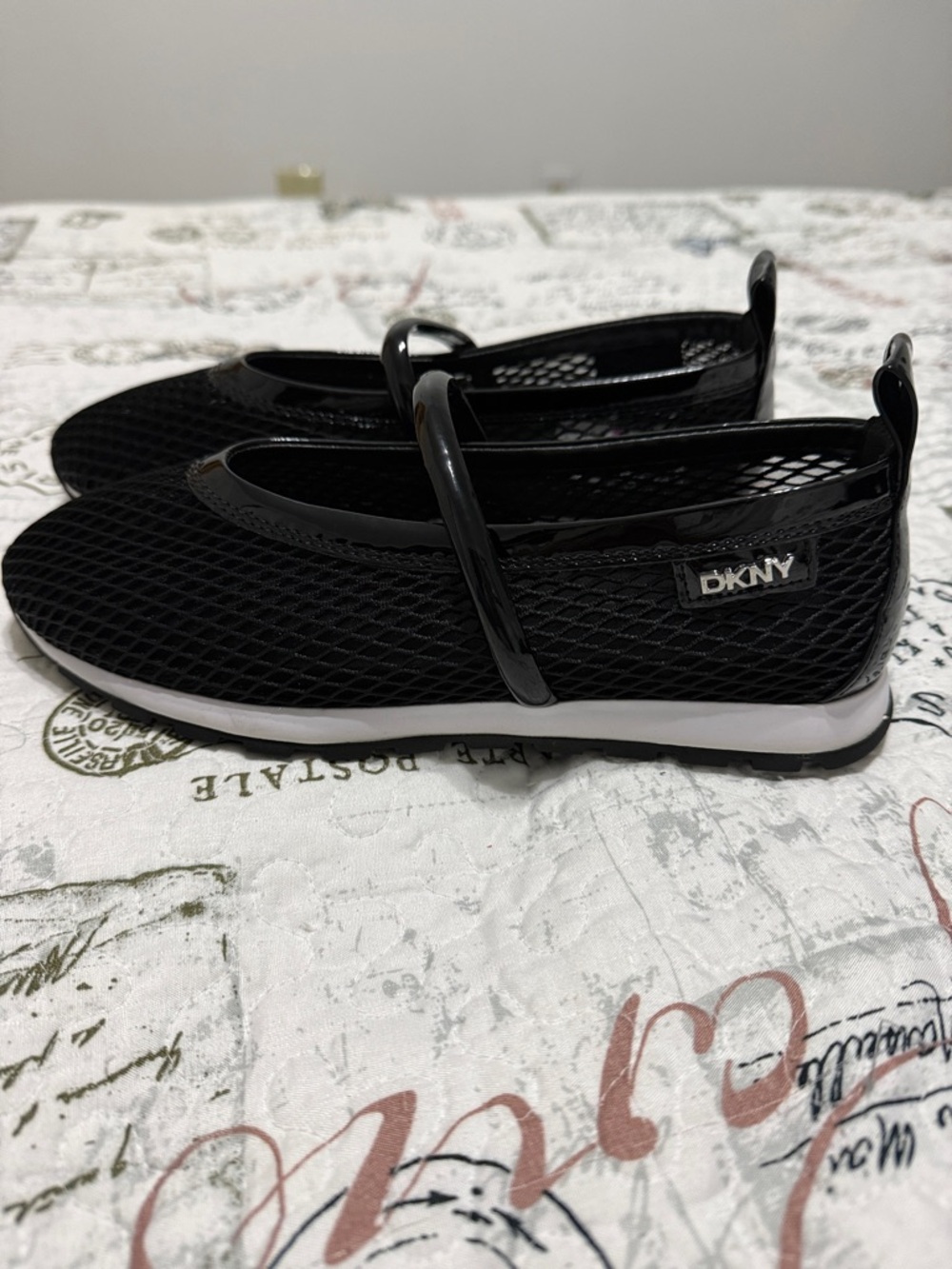 DKNY Black Mesh Mary Jane Flats with Gloss Strap